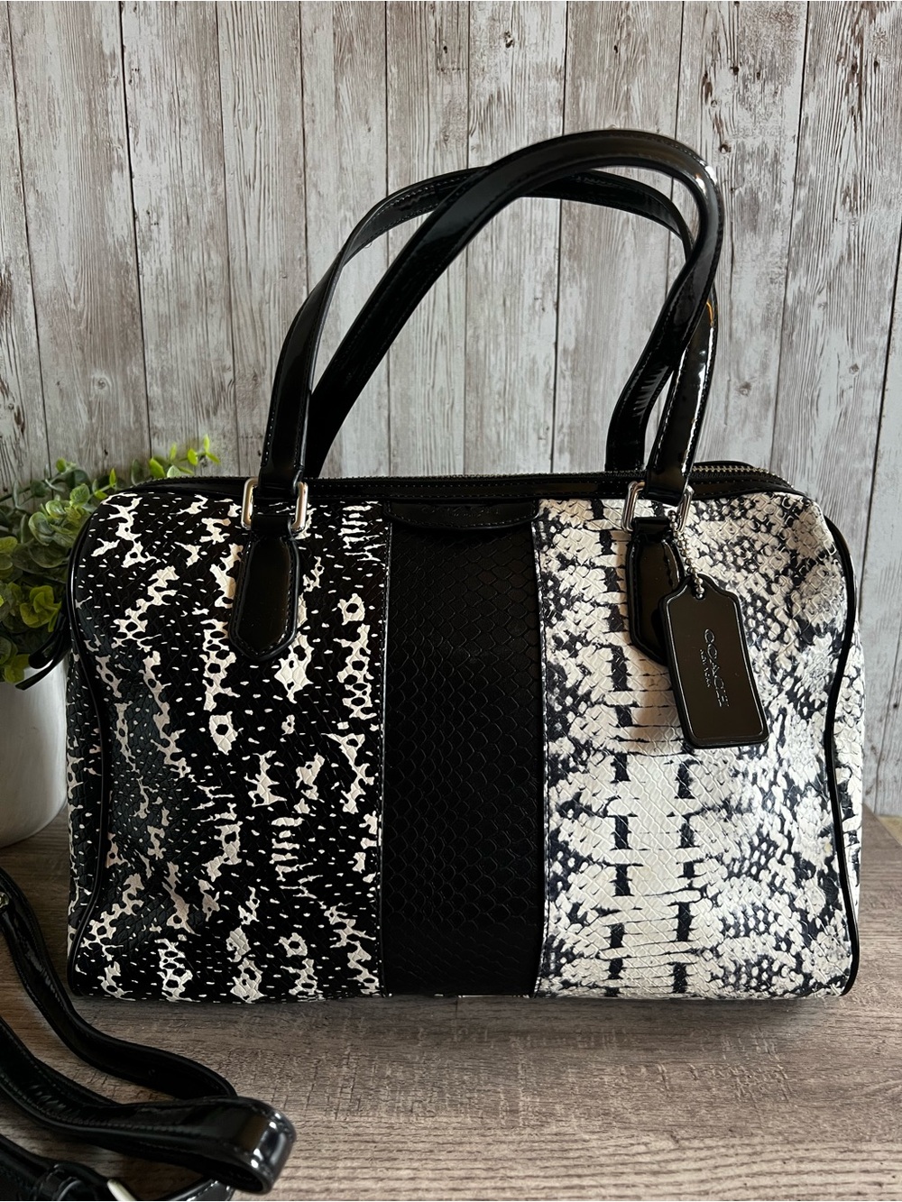 Coach Nancy Exotic Black & White Snake-Print Satchel - Picture 1 of 14